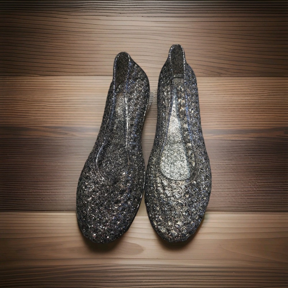 Glaze Alaska  PEWTER Fashion Glitter Layered Lines Jelly Ballet Flats Pool